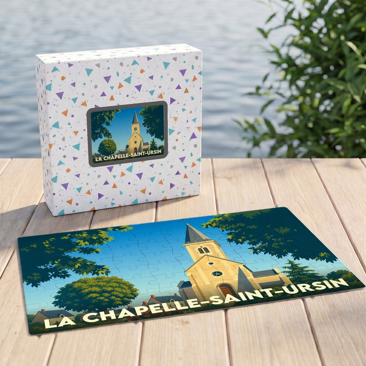 Puzzle souvenir de la ville de La Chapelle-Saint-Ursin avec une illustration stylisée de son église.