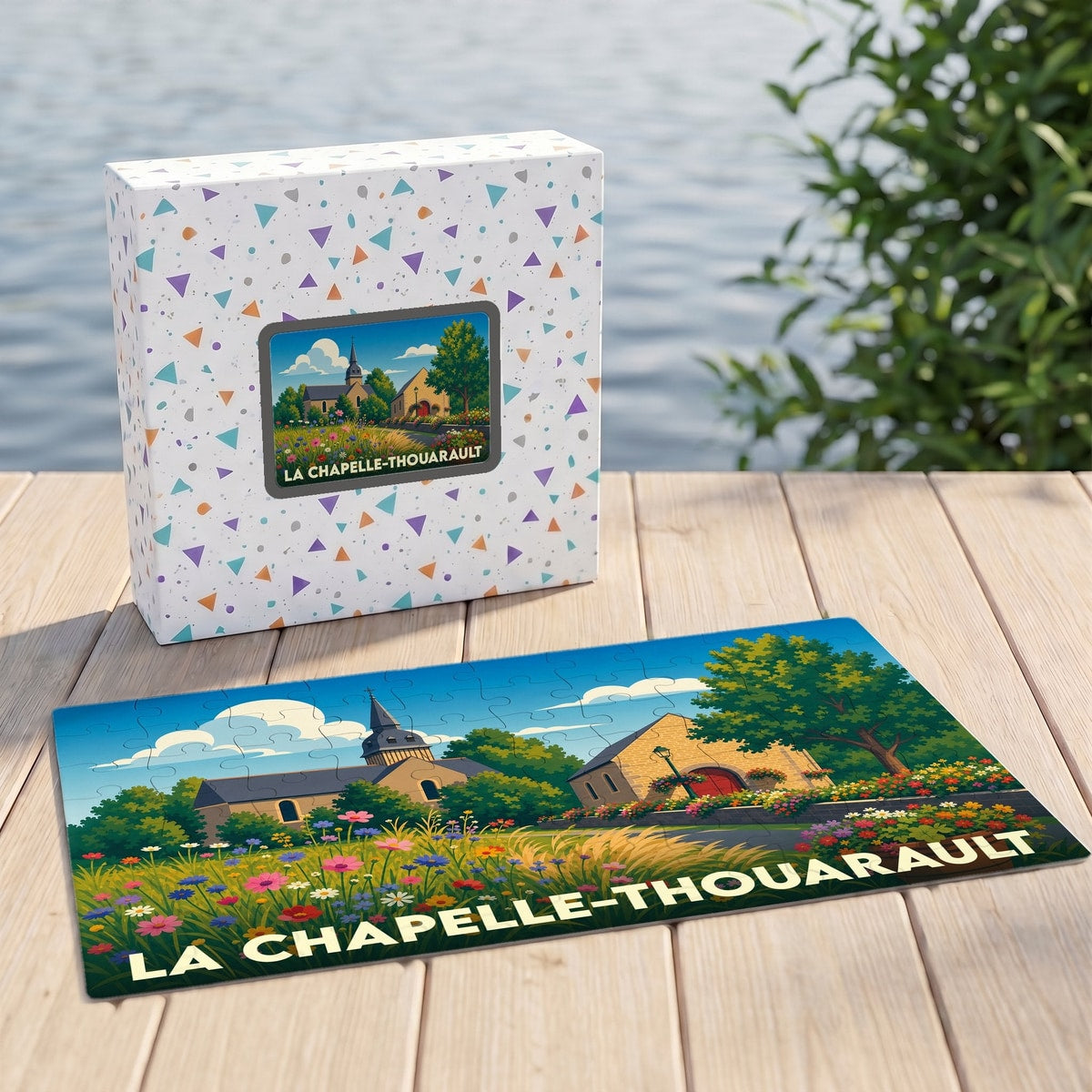Puzzle souvenir de la ville de La Chapelle-Thouarault avec une illustration colorée et champêtre.
