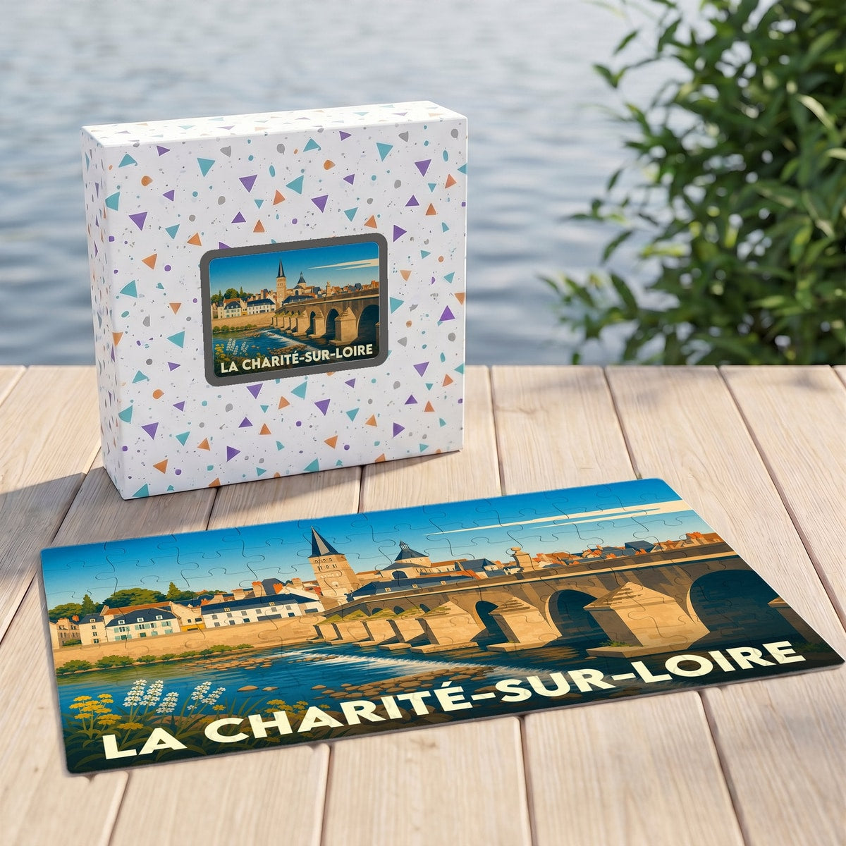 Puzzle souvenir de la ville de La Charité-sur-Loire avec une illustration stylisée de son célèbre pont.