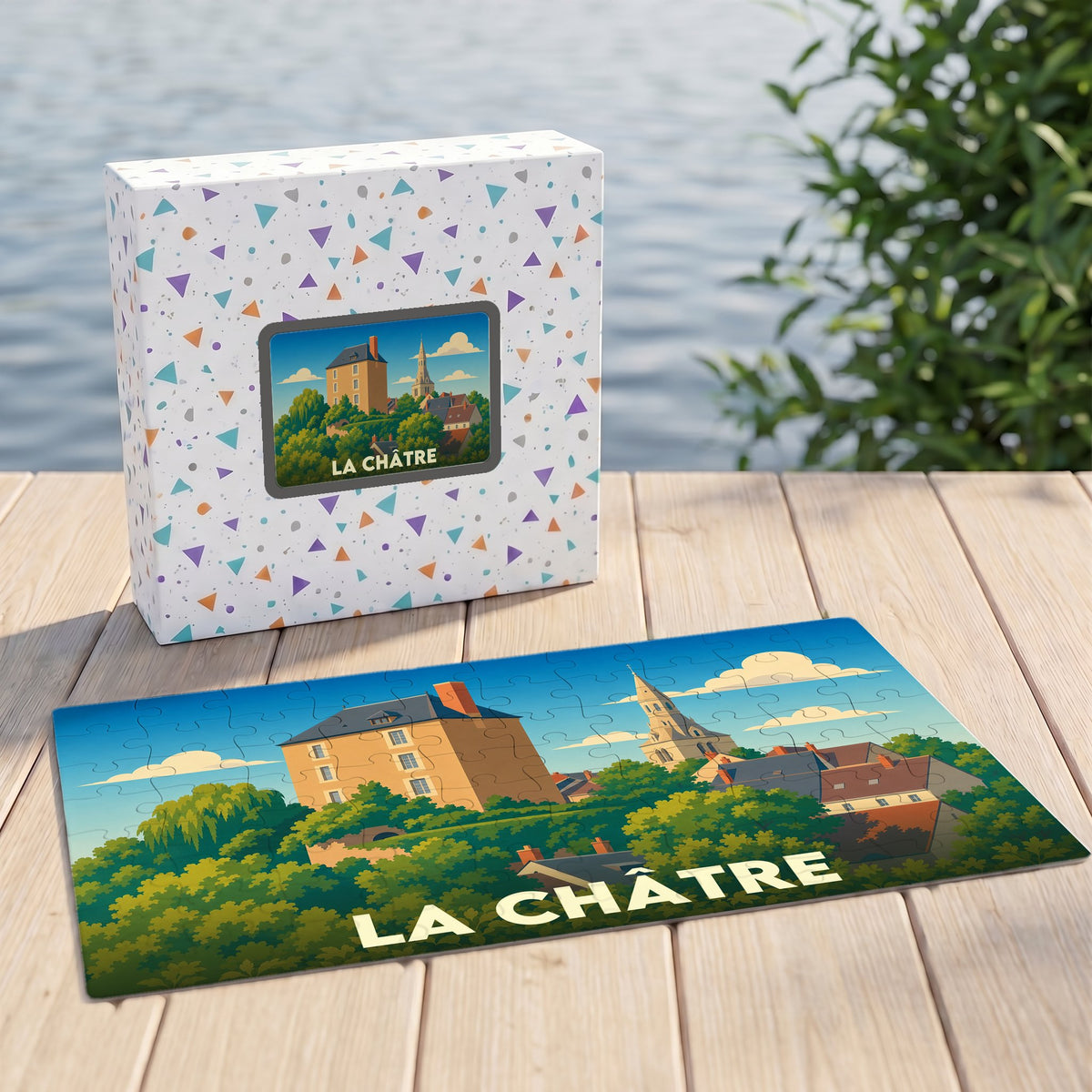 Puzzle souvenir de la ville de La Châtre avec une illustration stylisée d'un château et d'un clocher.