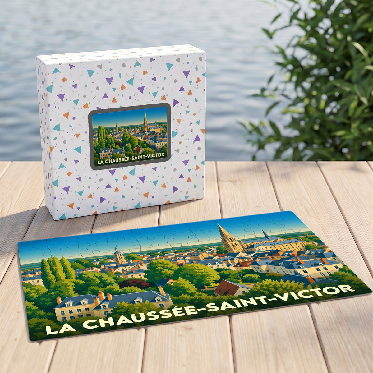 Puzzle souvenir de la ville de La Chaussée-Saint-Victor avec une illustration stylisée d'un paysage urbain.