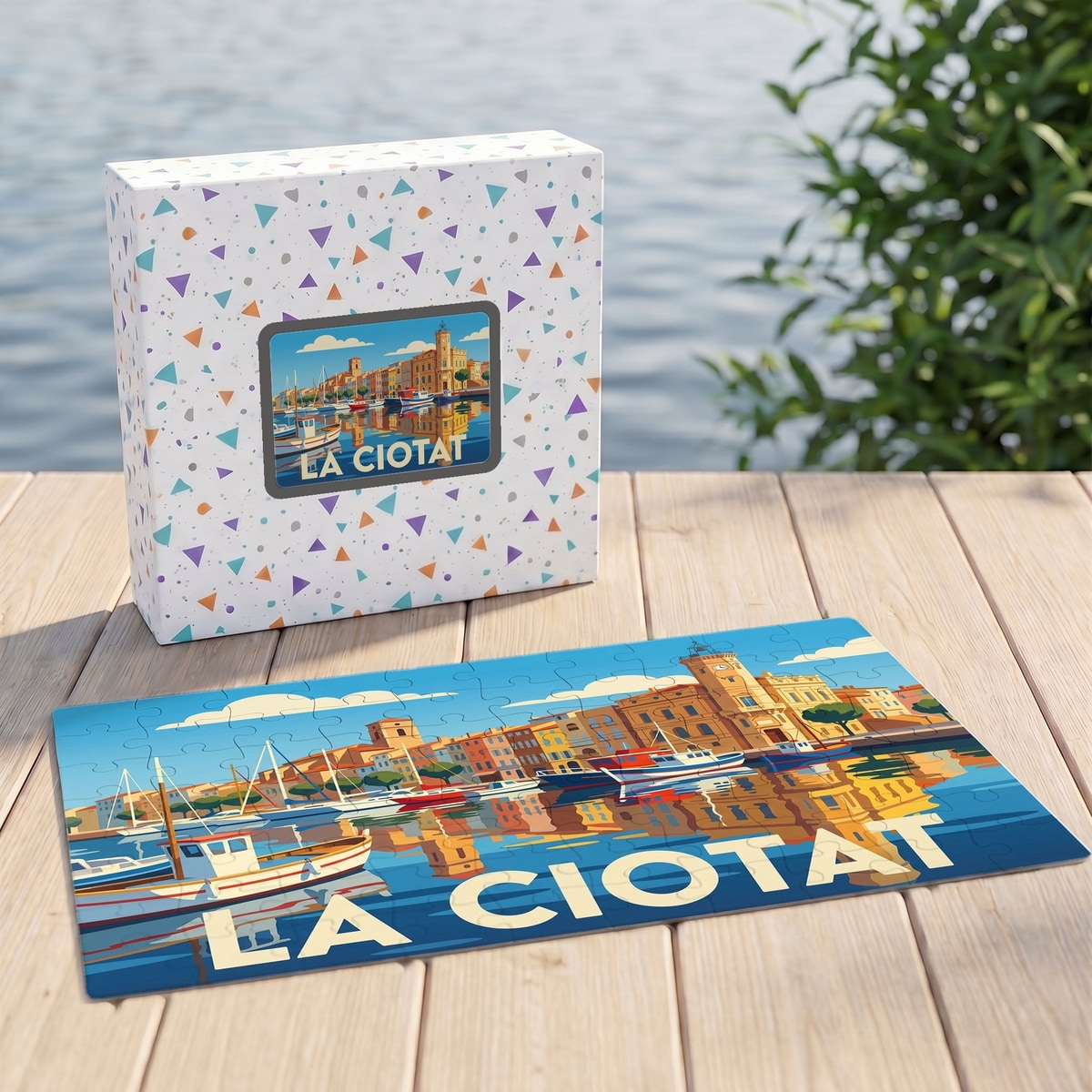 Puzzle souvenir de la ville de La Ciotat avec une illustration colorée de son port.