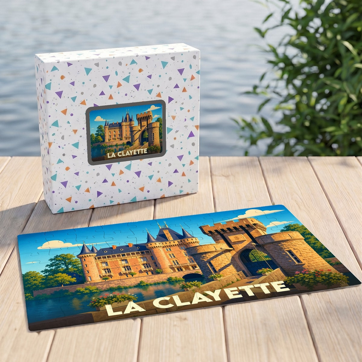 Puzzle souvenir de la ville de La Clayette avec une illustration stylisée du château.