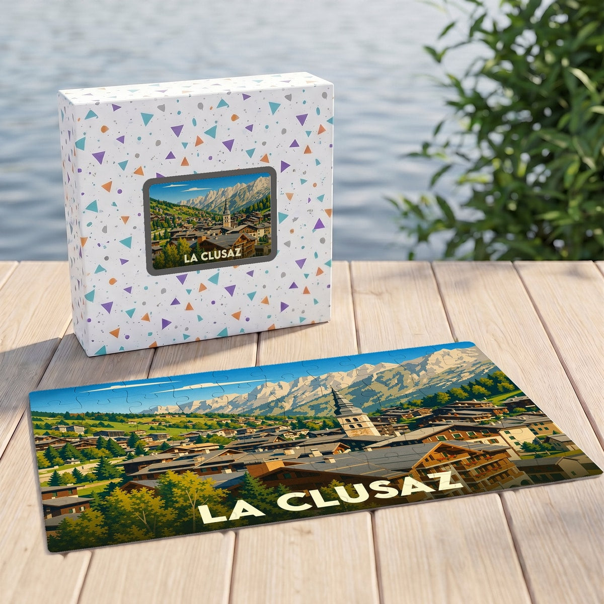 Puzzle souvenir de la ville de La Clusaz avec une illustration stylisée d'un village de montagne.