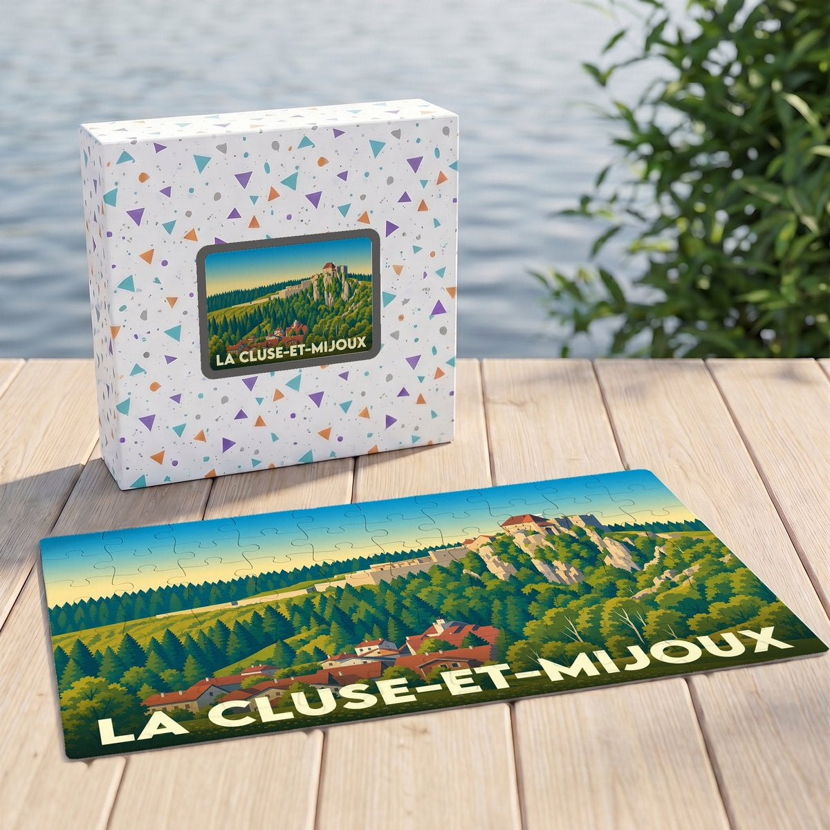 Puzzle souvenir de la ville de La Cluse-et-Mijoux avec une illustration stylisée de son paysage et de son château.