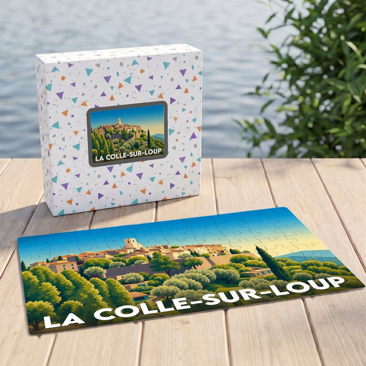 Puzzle souvenir de la ville de La Colle-sur-Loup avec une illustration stylisée et colorée.