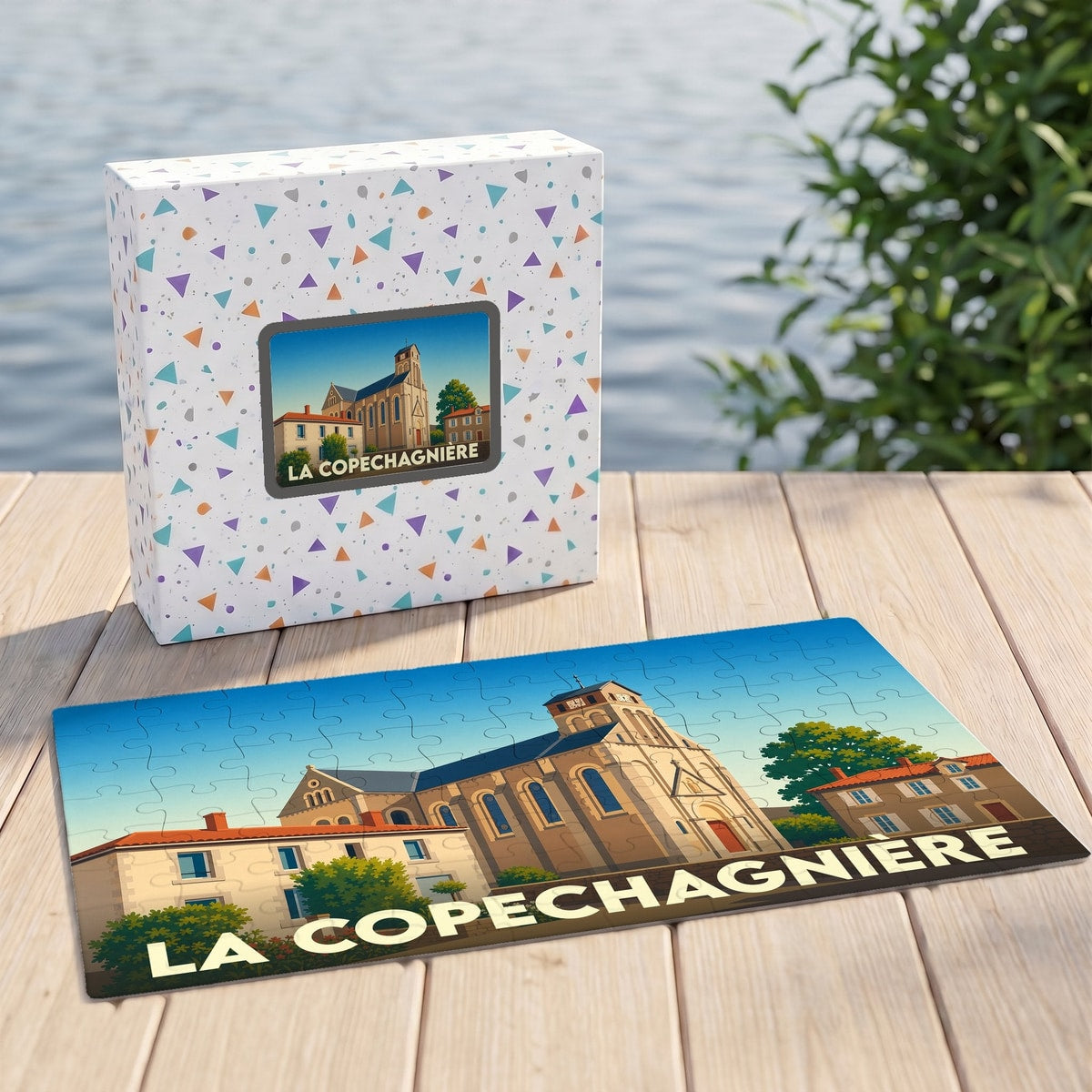 Puzzle souvenir de la ville de La Copechagnière avec une illustration stylisée de son église.