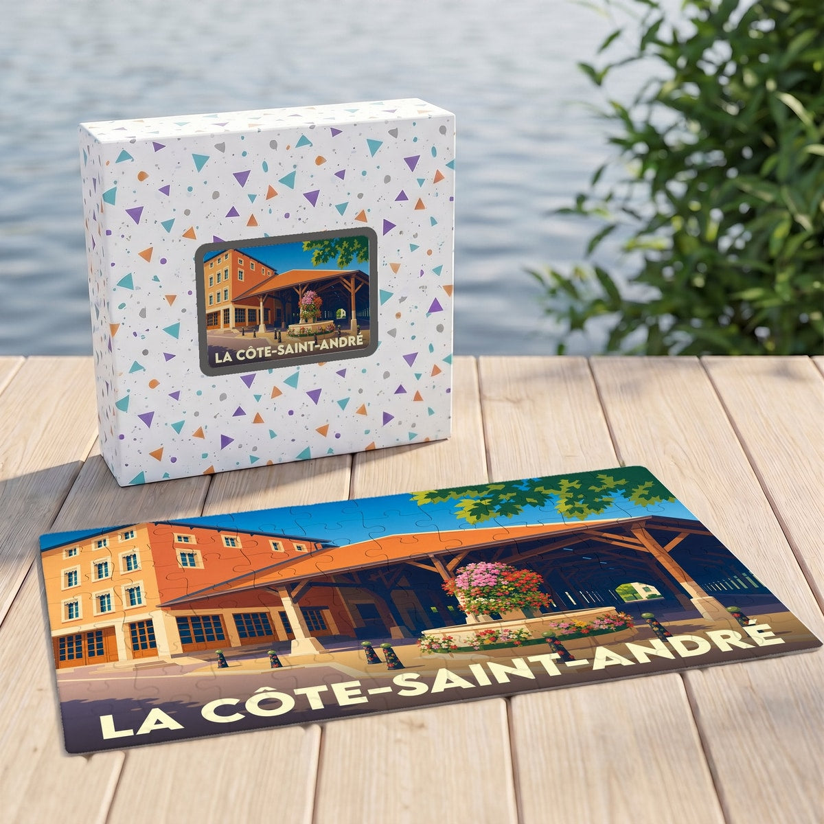 Puzzle souvenir de la ville de La Côte-Saint-André avec une illustration stylisée de ses halles historiques.