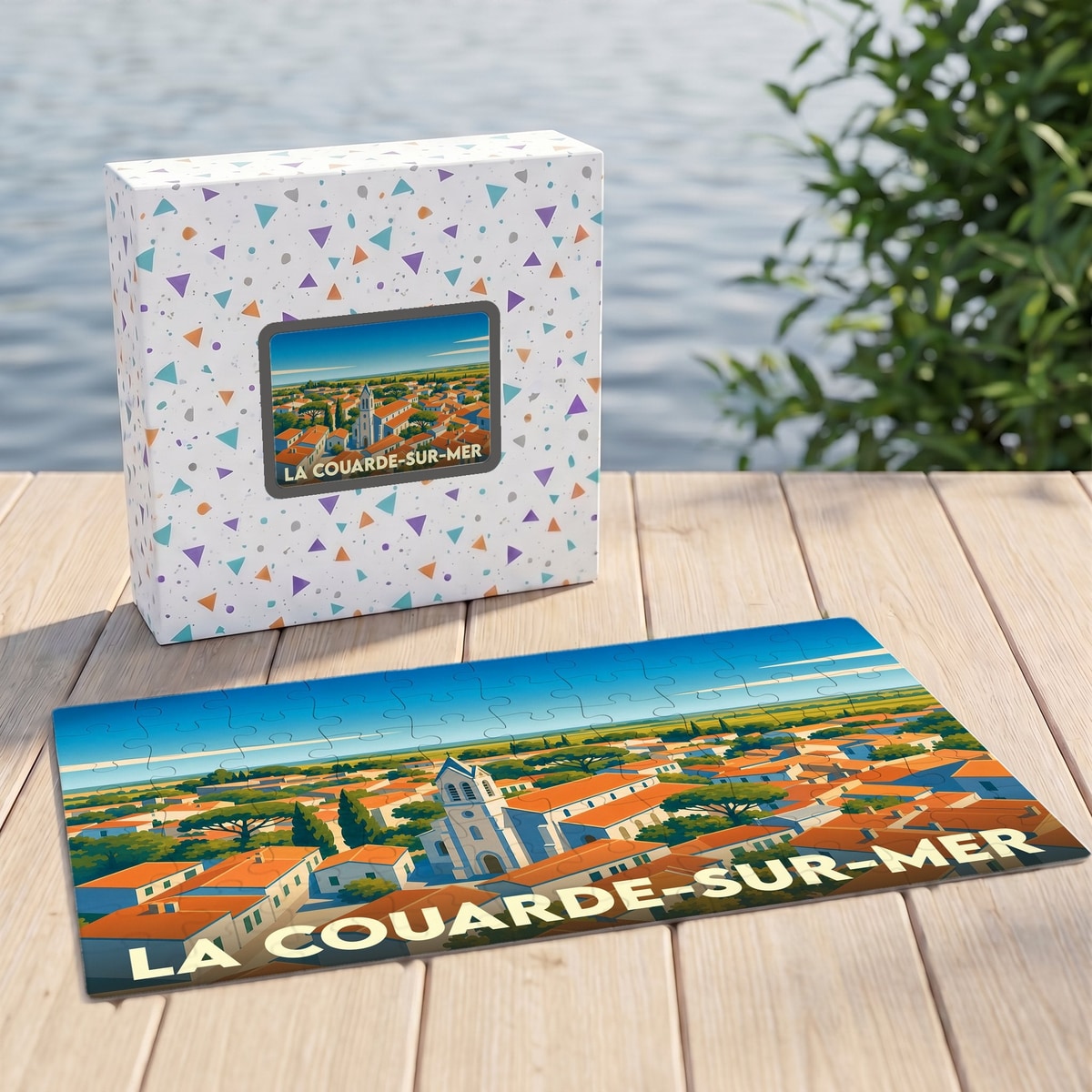Puzzle souvenir de la ville de La Couarde-sur-Mer avec une illustration stylisée et colorée.