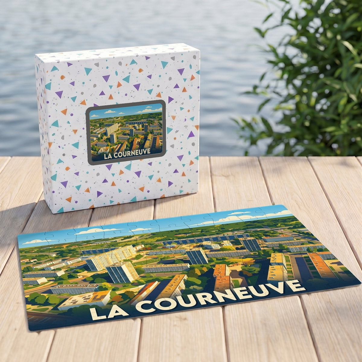 Puzzle souvenir de la ville de La Courneuve avec une illustration stylisée.