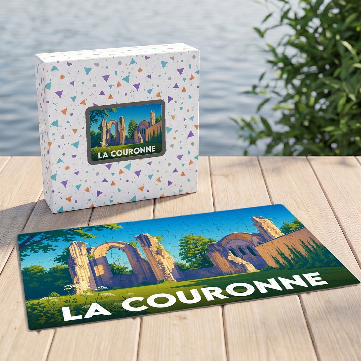Puzzle souvenir de la ville de La Couronne avec une illustration stylisée des ruines de l'abbaye.