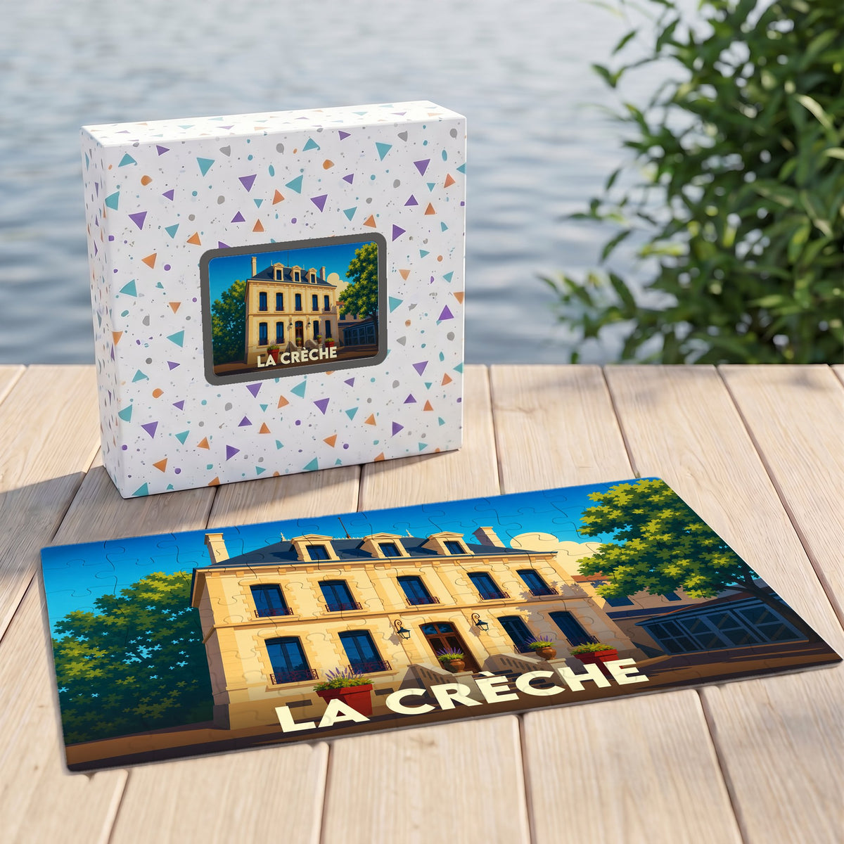 Puzzle souvenir de la ville de La Crèche avec une illustration stylisée d'un bâtiment historique.