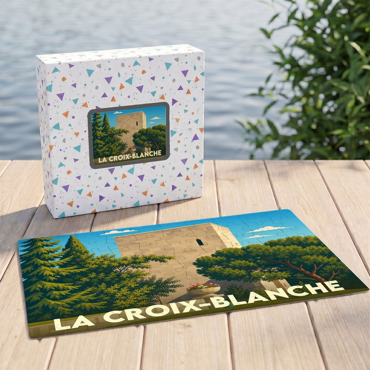 Puzzle souvenir de la ville de La Croix-Blanche avec une illustration stylisée d'un bâtiment historique entouré de verdure.