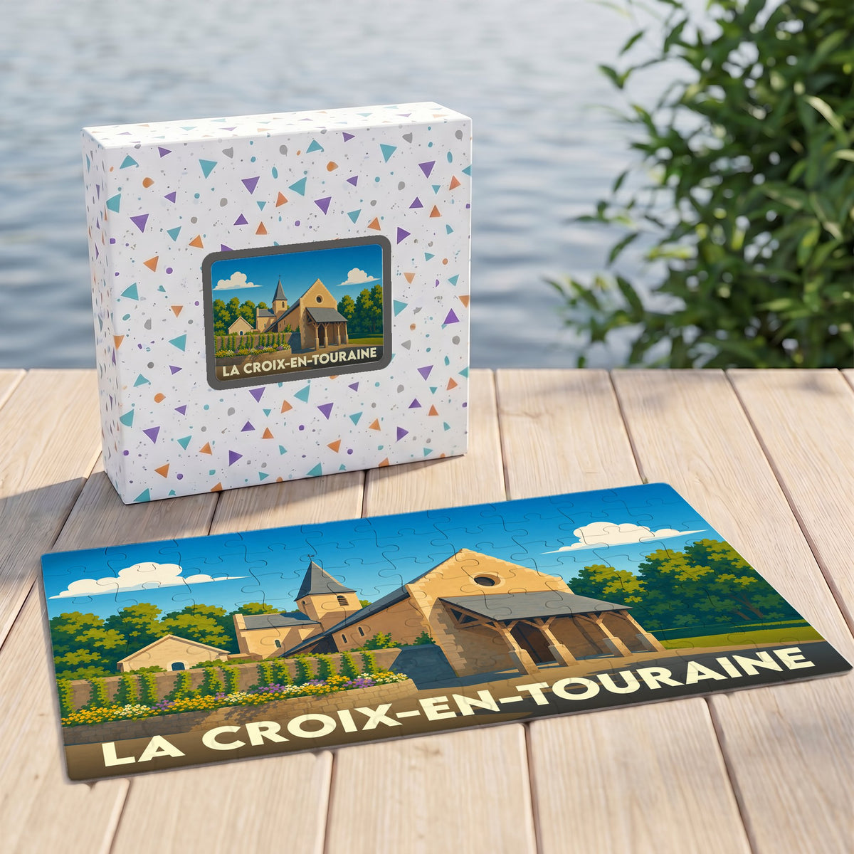 Puzzle souvenir de la ville de La Croix-en-Touraine avec une illustration stylisée d'un bâtiment historique.