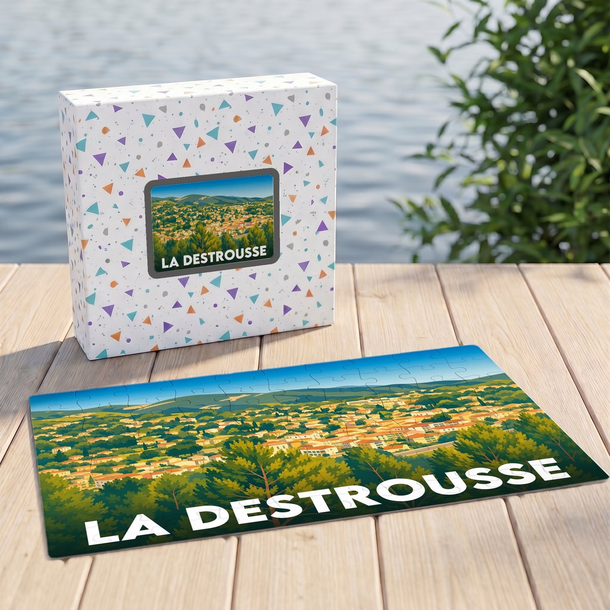 Puzzle souvenir de la ville de La Destrousse avec une illustration panoramique stylisée.