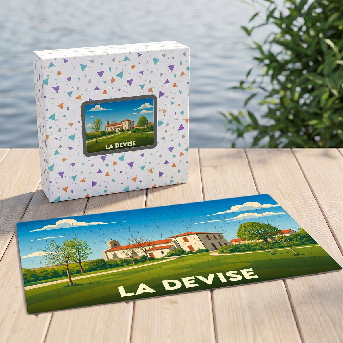 Puzzle souvenir de la commune de La Devise présentant une illustration paysagère stylisée et sa boîte assortie.