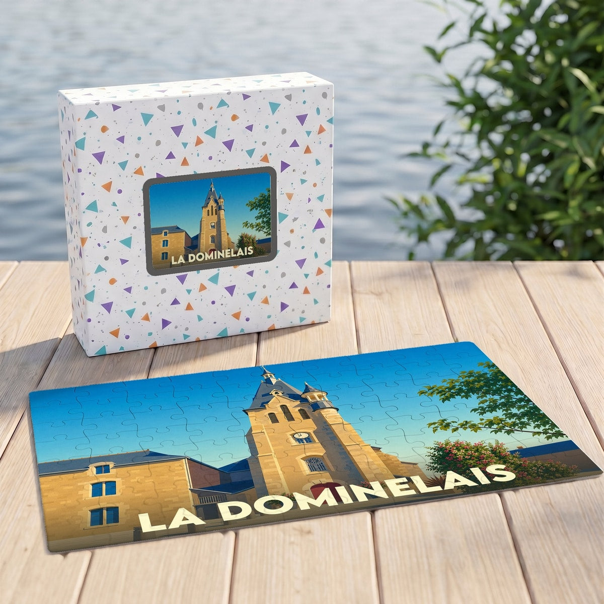 Puzzle souvenir de la ville de La Dominelais avec une illustration stylisée d'un bâtiment historique.