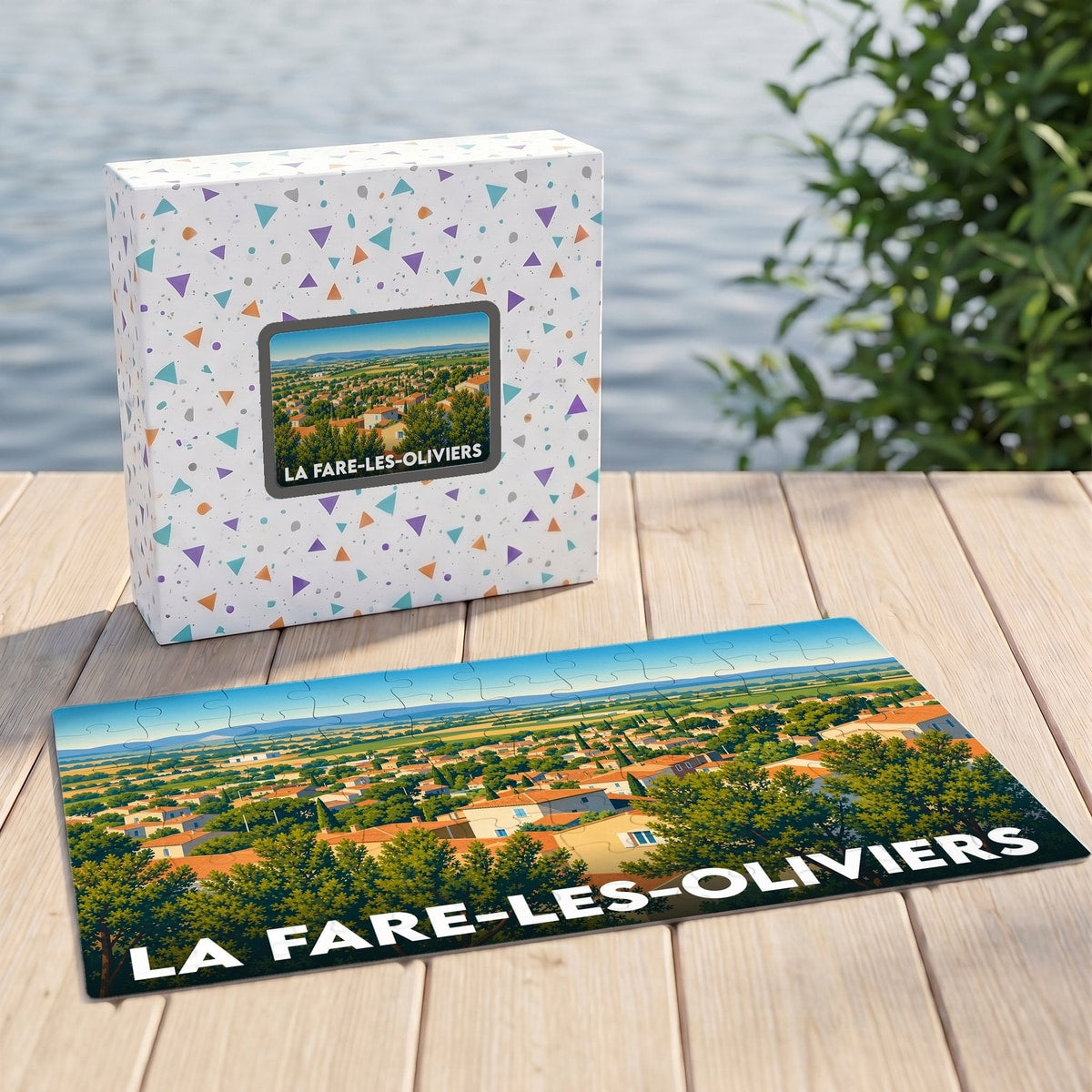 Puzzle souvenir de la ville de La Fare-les-Oliviers avec une illustration panoramique stylisée.