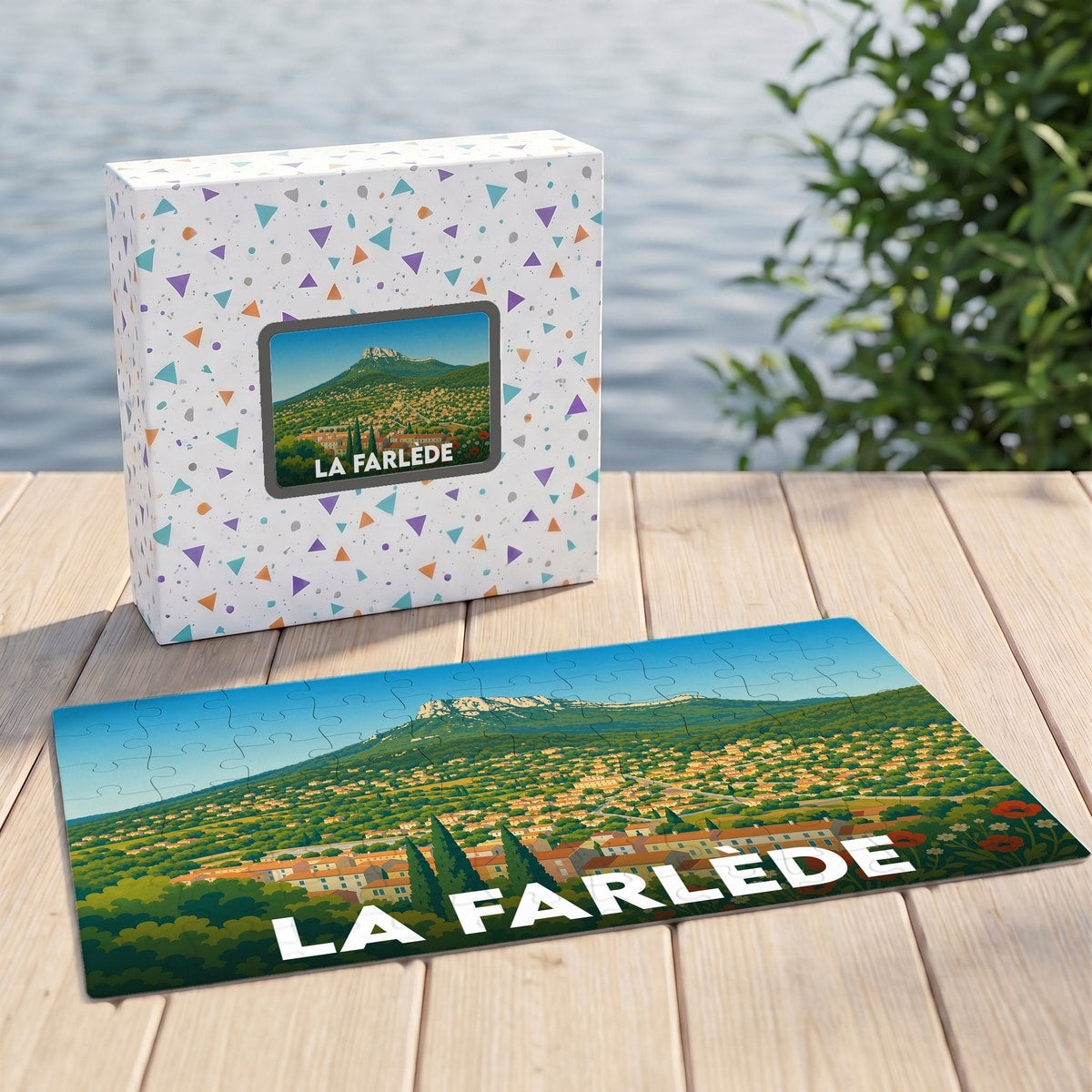 Puzzle souvenir de la ville de La Farlède illustrant un paysage provençal stylisé.