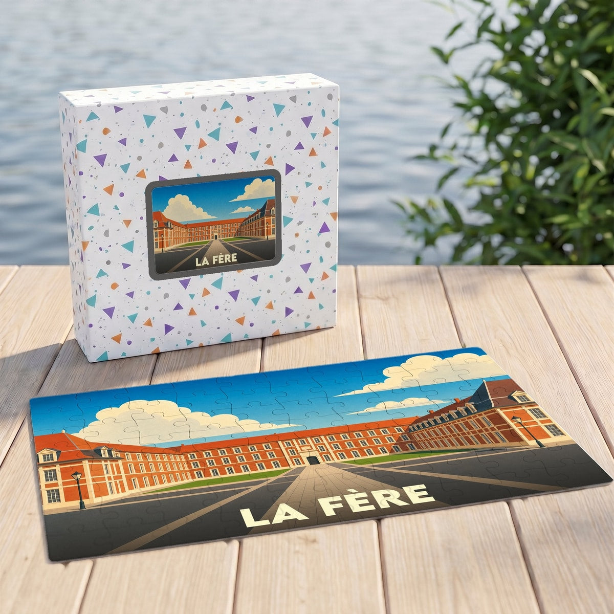 Puzzle souvenir de la ville de La Fère avec une illustration stylisée de son architecture.