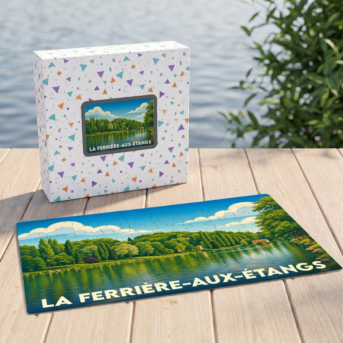 Puzzle souvenir de la commune de La Ferrière-aux-Étangs avec une illustration stylisée de son étang.