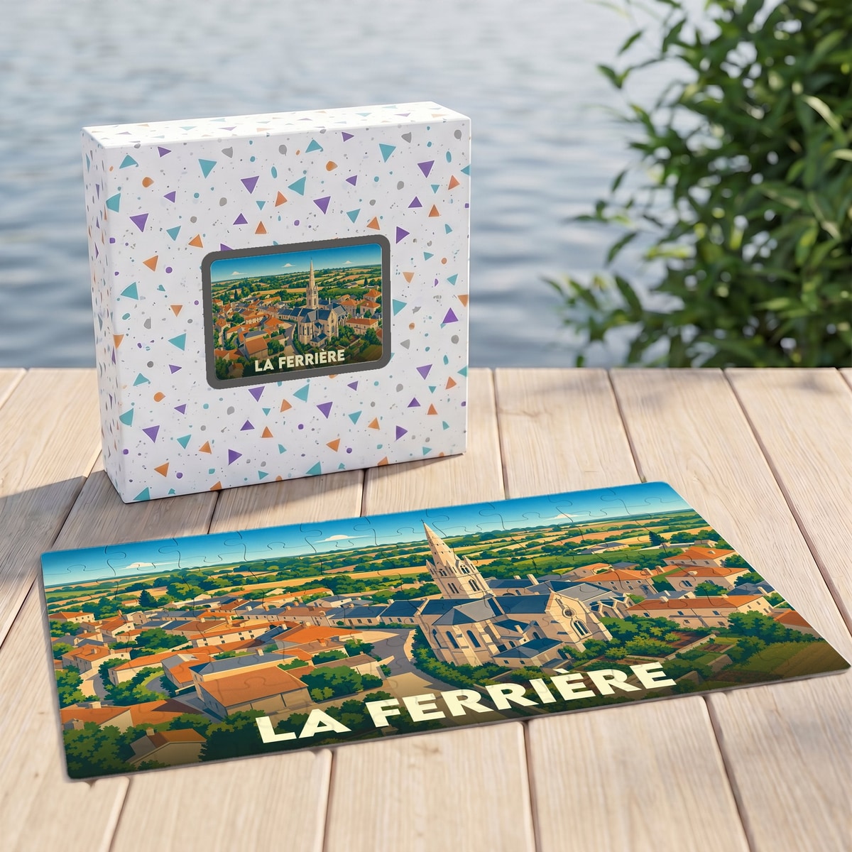 Puzzle souvenir de la ville de La Ferrière avec une illustration stylisée et colorée.