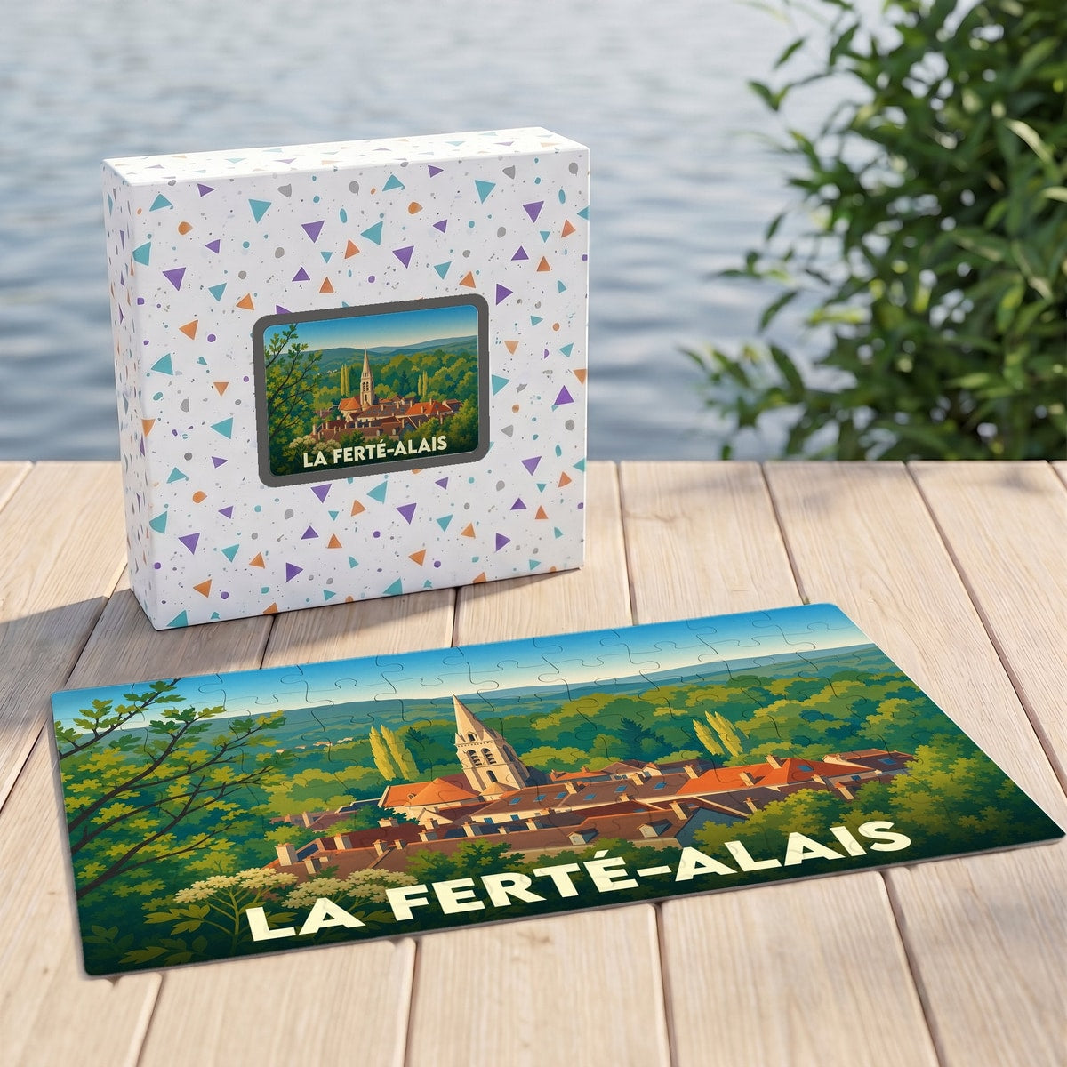 Puzzle souvenir de la ville de La Ferté-Alais illustrant un paysage urbain niché dans la verdure.