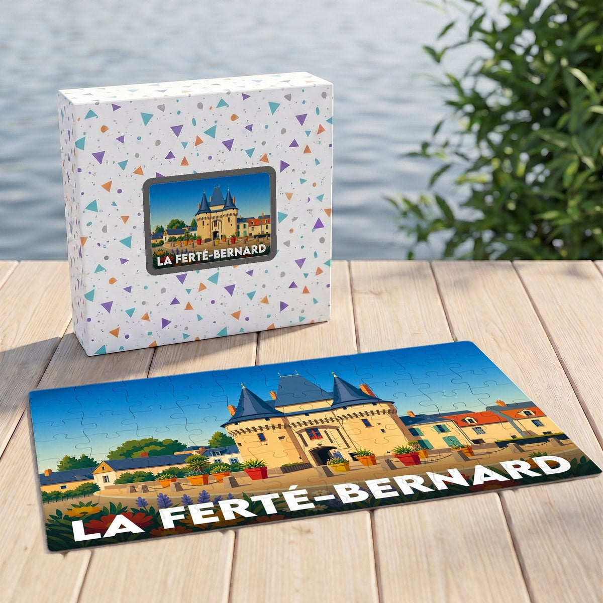 Puzzle souvenir de la ville de La Ferté-Bernard avec une illustration stylisée.