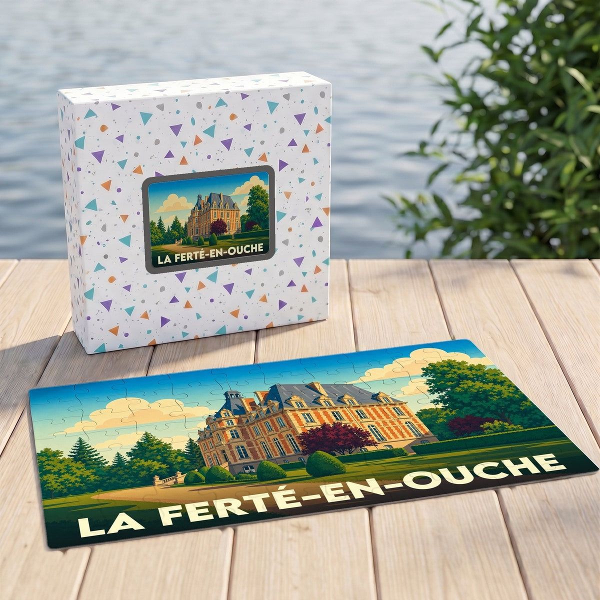 Puzzle souvenir de la ville de La Ferté-en-Ouche avec une illustration stylisée d'un château normand.