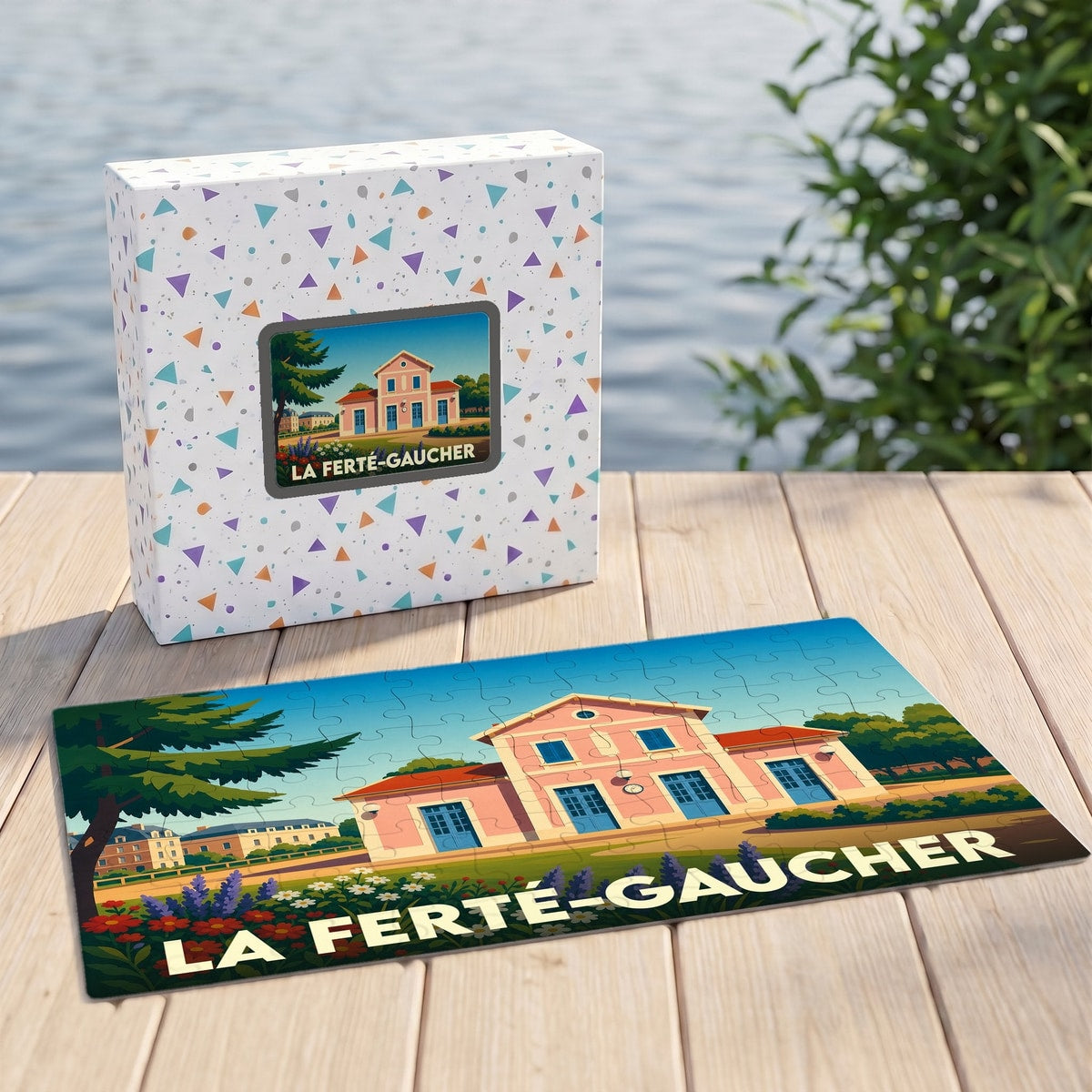 Puzzle souvenir de la ville de La Ferté-Gaucher avec une illustration stylisée de son ancienne gare.