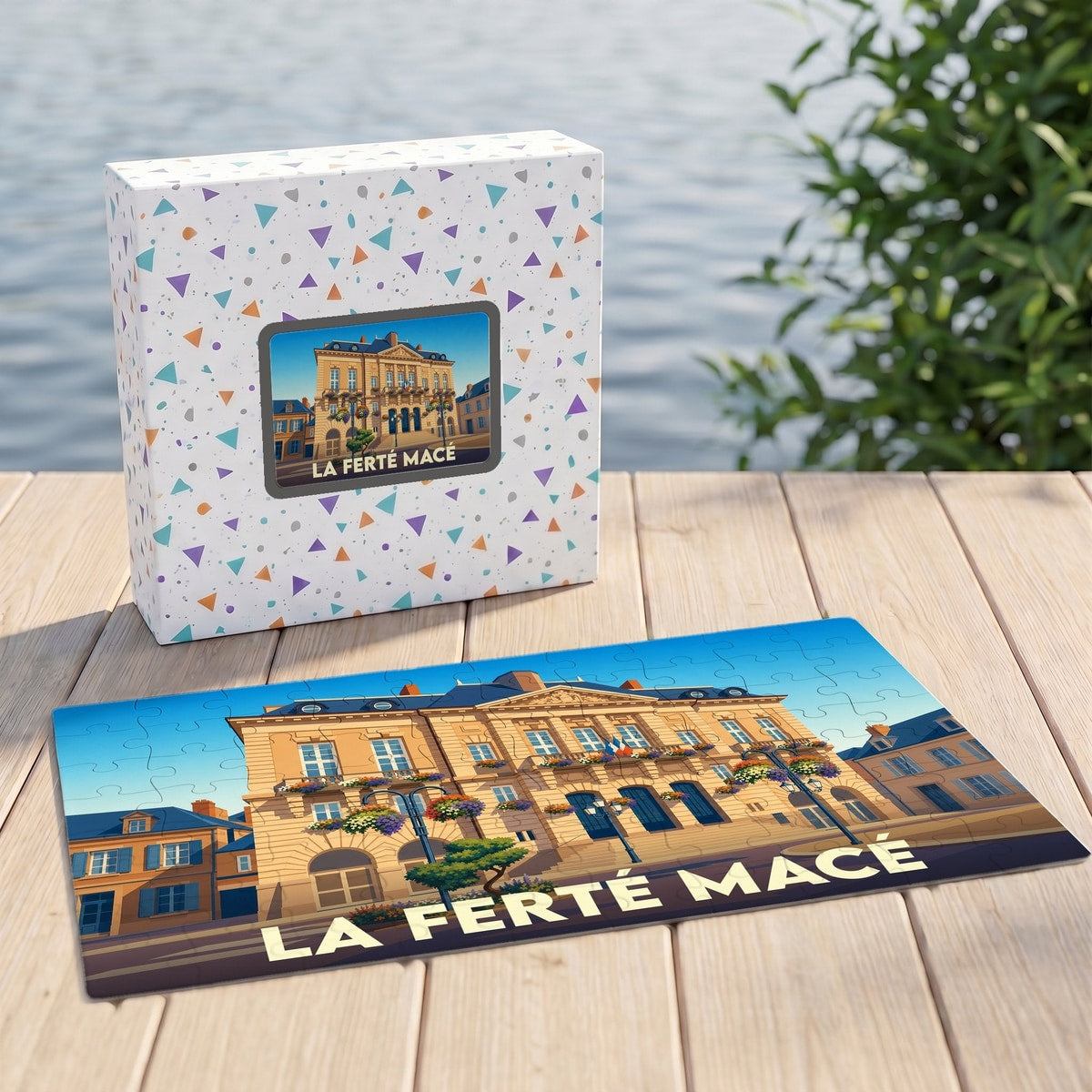 Puzzle souvenir de la ville de La Ferté Macé illustrant son hôtel de ville dans un style rétro.