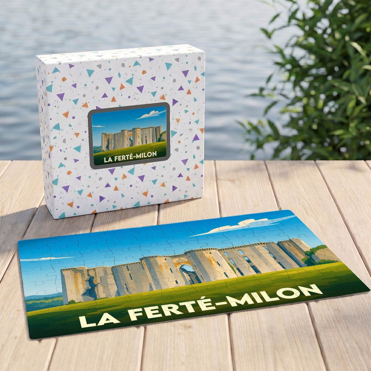 Puzzle souvenir de la ville de La Ferté-Milon avec une illustration stylisée de son château.