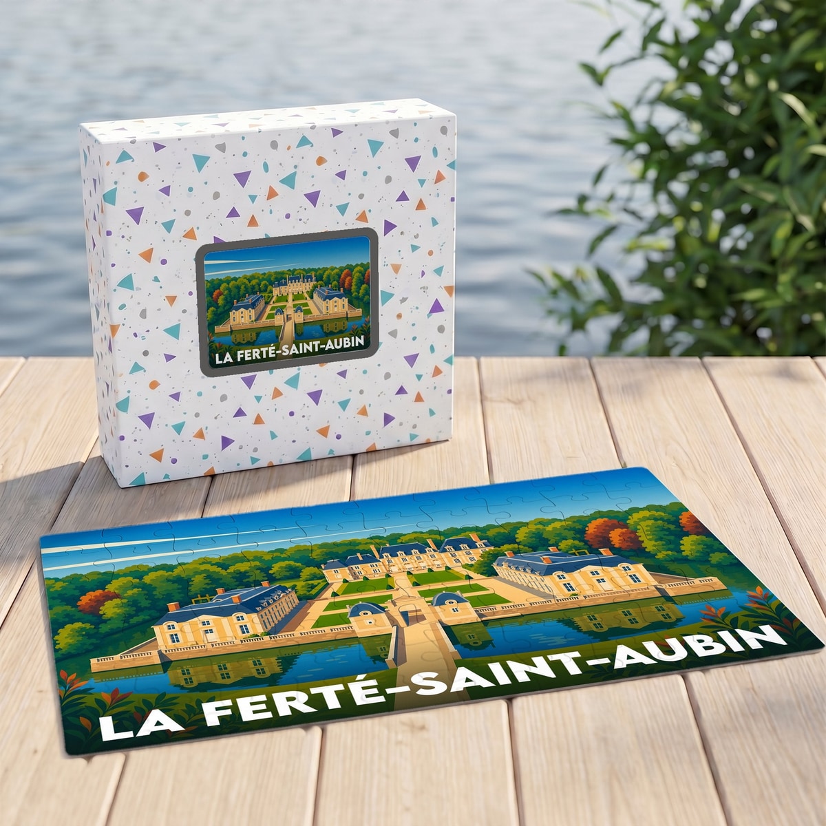 Puzzle souvenir de la ville de La Ferté-Saint-Aubin avec une illustration stylisée du château.