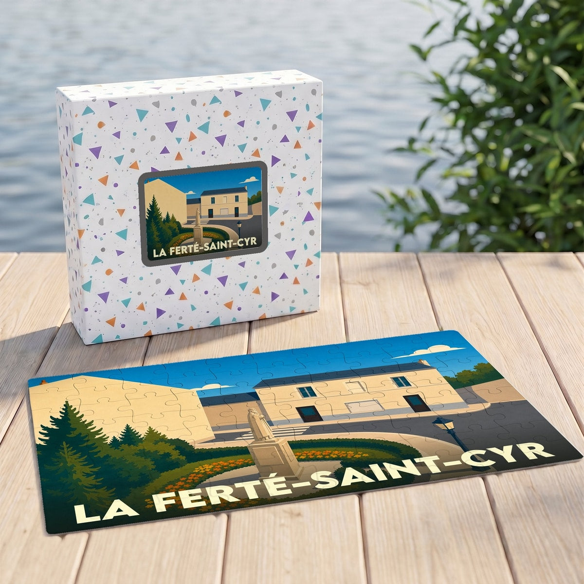 Puzzle souvenir de la ville de La Ferté-Saint-Cyr avec une illustration stylisée.
