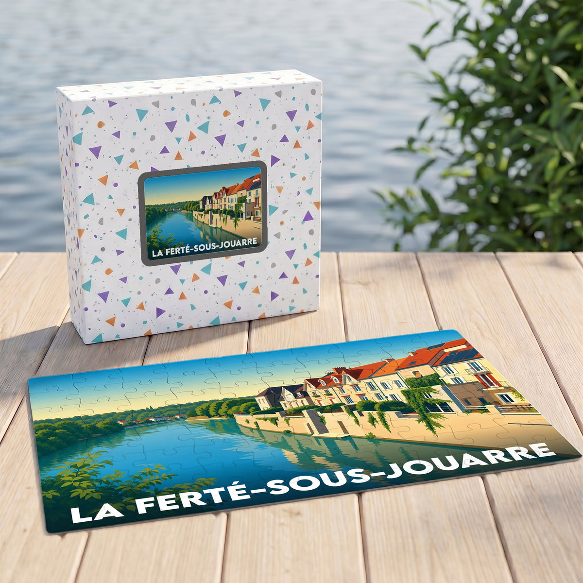 Puzzle souvenir de la ville de La Ferté-sous-Jouarre avec une illustration stylisée des bords de Marne.