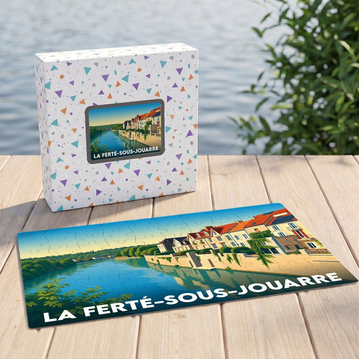 Puzzle souvenir de la ville de La Ferté-sous-Jouarre avec une illustration stylisée des bords de Marne.