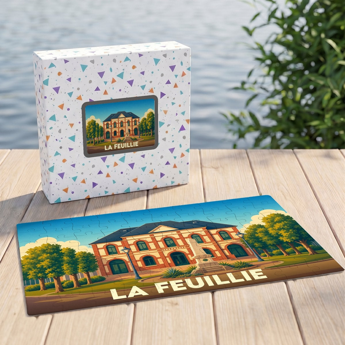 Puzzle souvenir de la ville de La Feuillie avec une illustration stylisée de sa mairie et de son monument.