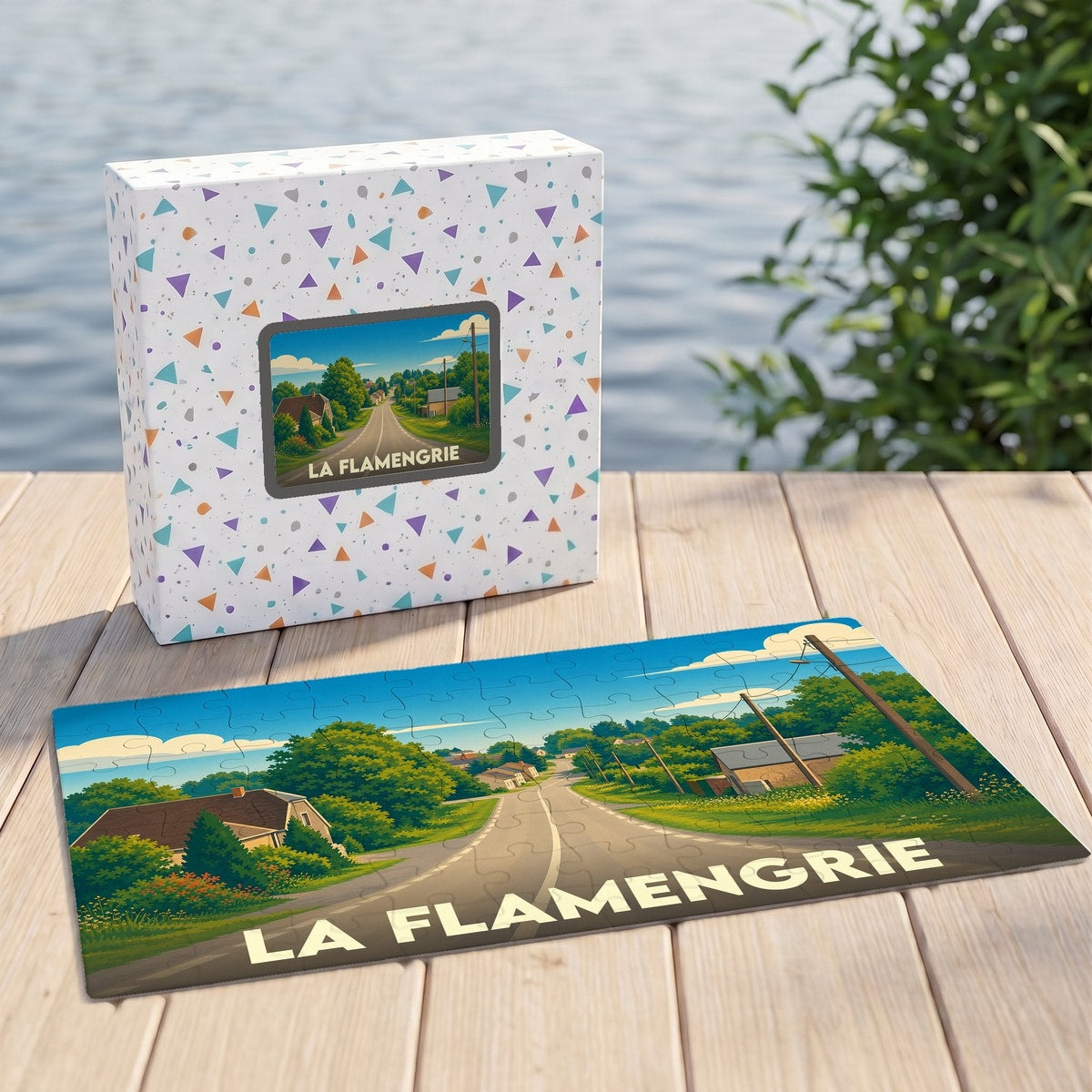 Puzzle souvenir de la ville de La Flamengrie avec une illustration stylisée d'un paysage rural.