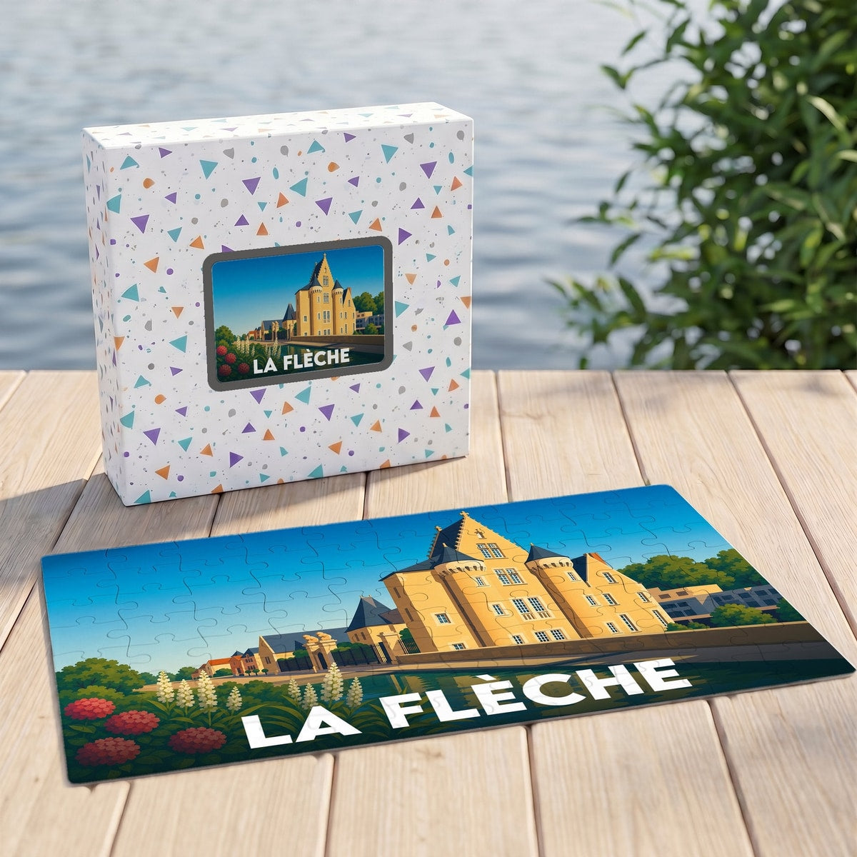 Puzzle souvenir de la ville de La Flèche illustrant son patrimoine architectural au bord de l'eau.