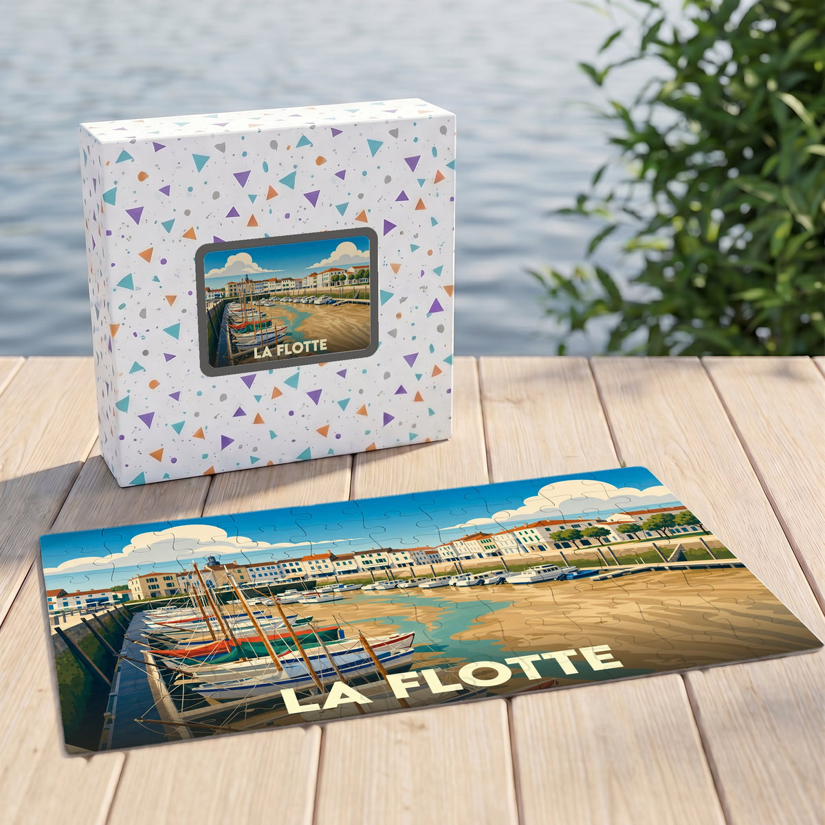 Puzzle souvenir de la ville de La Flotte illustré d'une vue stylisée de son port.