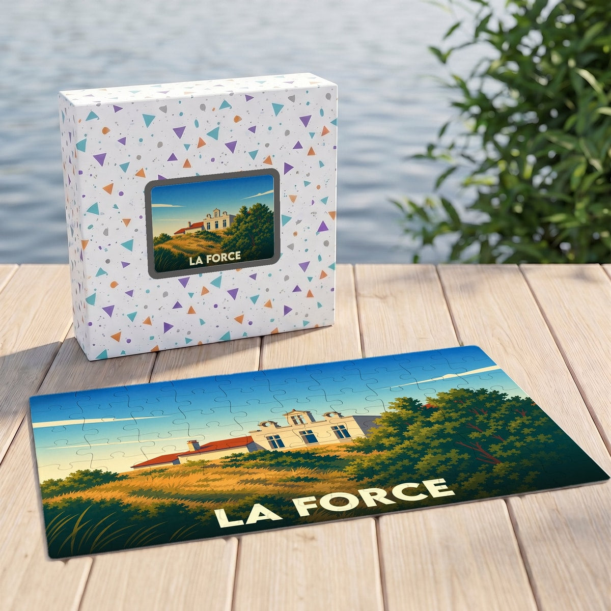 Puzzle souvenir de la ville de La Force avec une illustration stylisée de son paysage.