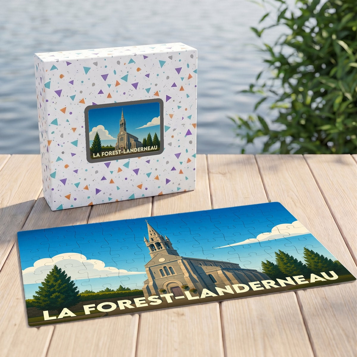 Puzzle souvenir de la ville de La Forest-Landerneau avec une illustration stylisée de son église.