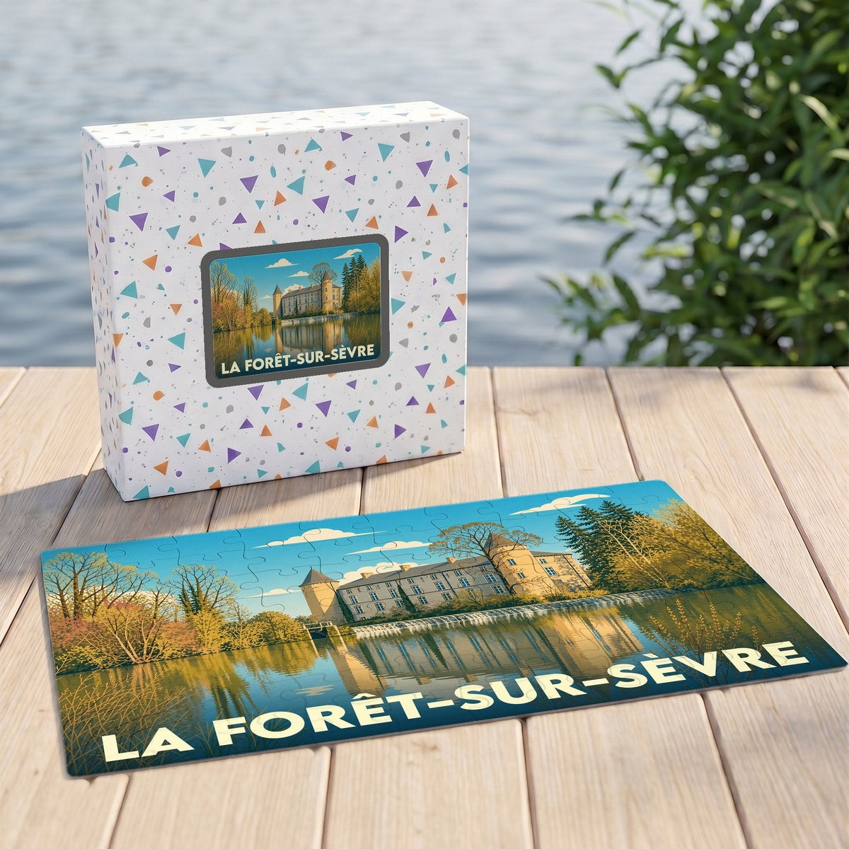 Puzzle souvenir de la ville de La Forêt-sur-Sèvre avec une illustration stylisée d'un château au bord de l'eau.