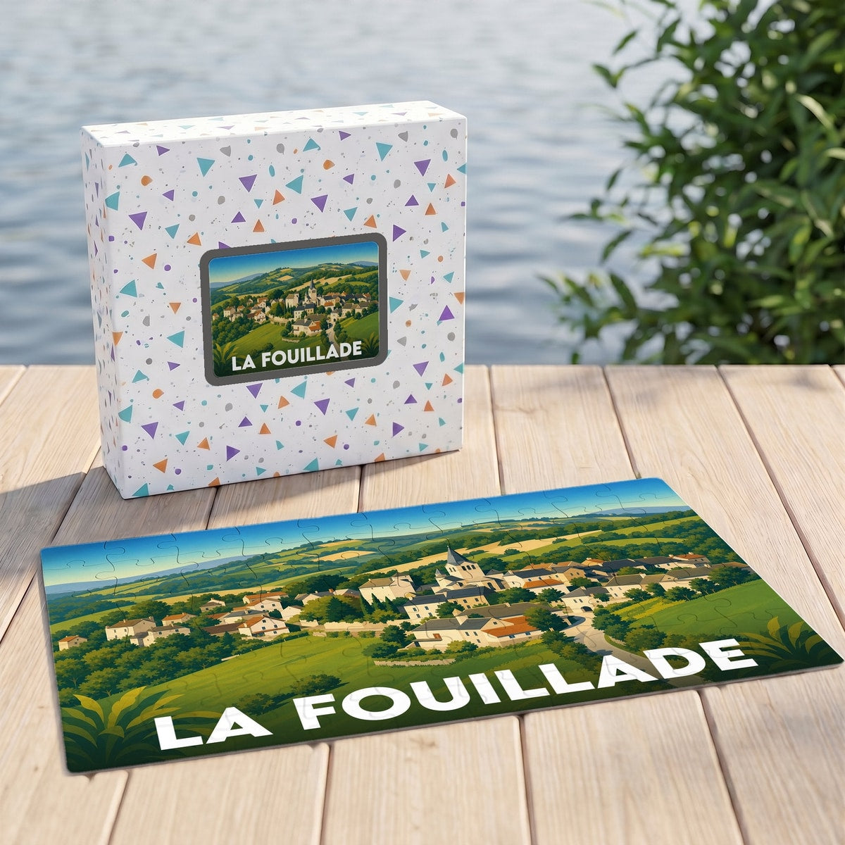 Puzzle souvenir de la commune de La Fouillade illustrant un paysage de village vallonné.