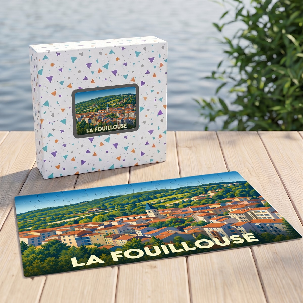 Puzzle souvenir de la ville de La Fouillouse avec une illustration panoramique stylisée.