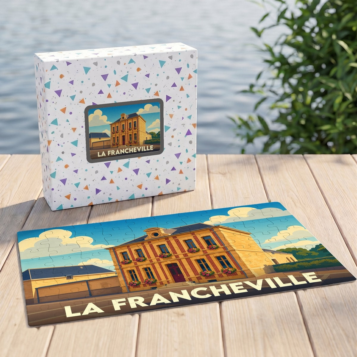 Puzzle souvenir de la ville de La Francheville avec une illustration stylisée d'un bâtiment historique.