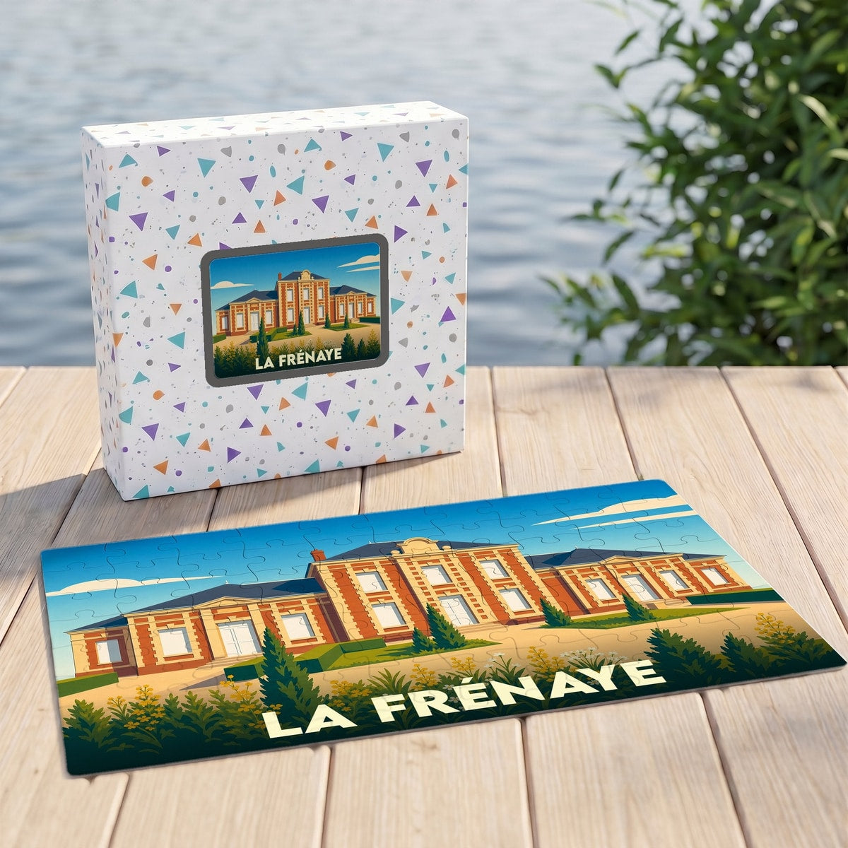 Puzzle souvenir de la ville de La Frénaye avec une illustration stylisée d'un bâtiment historique.