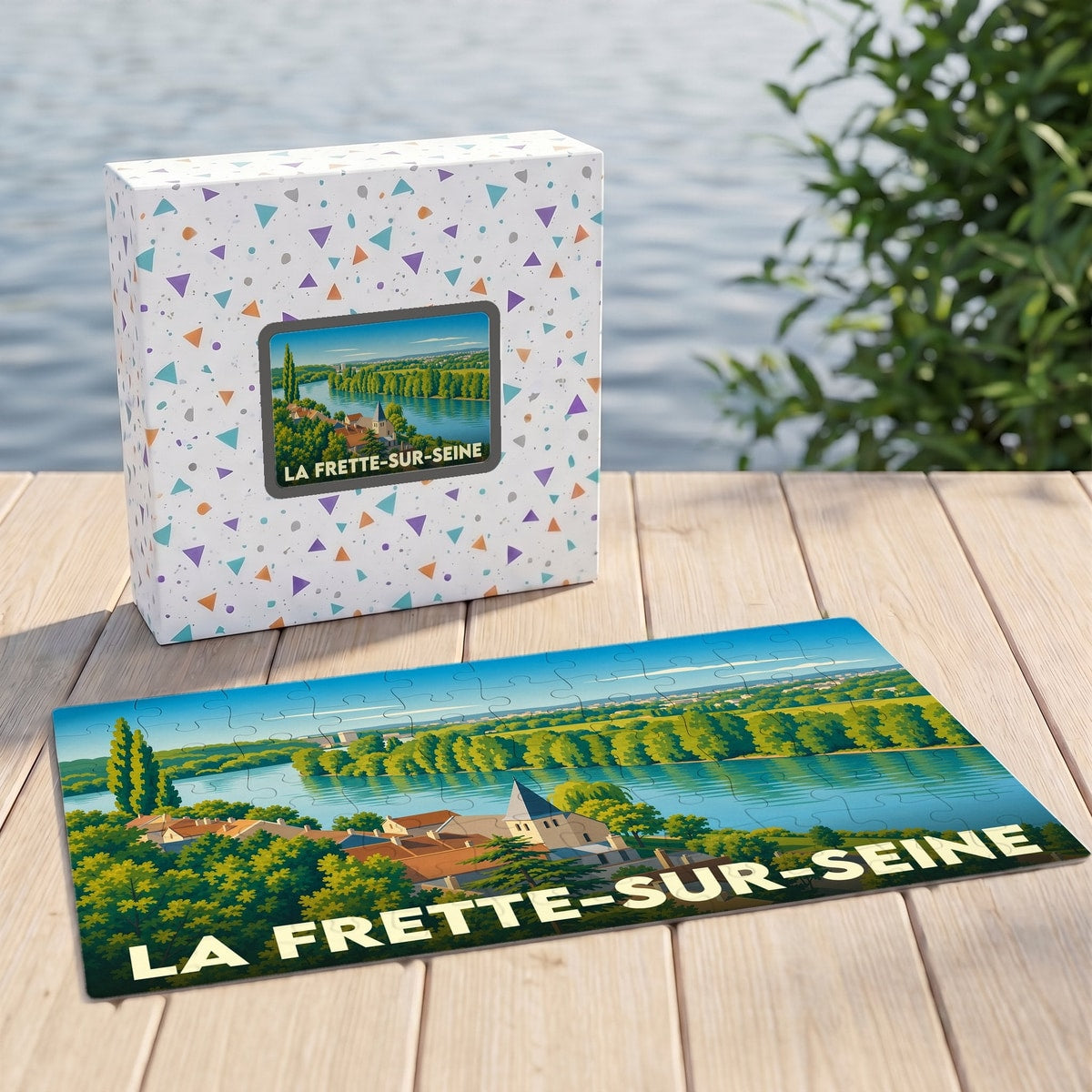 Puzzle souvenir de la ville de La Frette-sur-Seine avec une illustration paysagère stylisée.