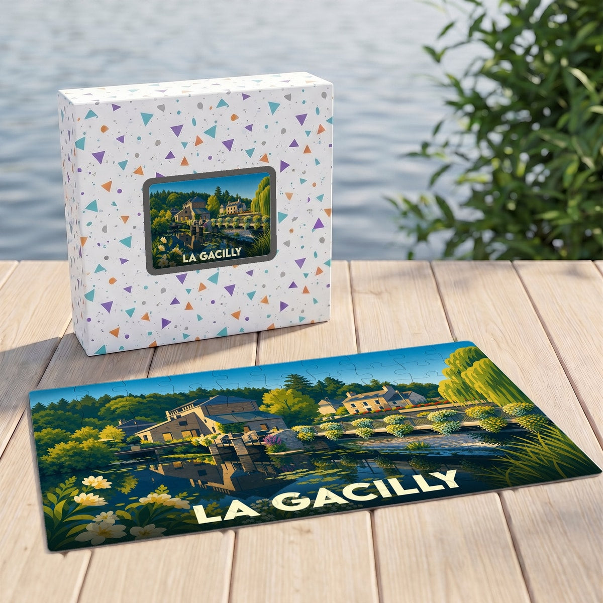 Puzzle souvenir de la ville de La Gacilly présentant une illustration colorée et stylisée d'un paysage fluvial.