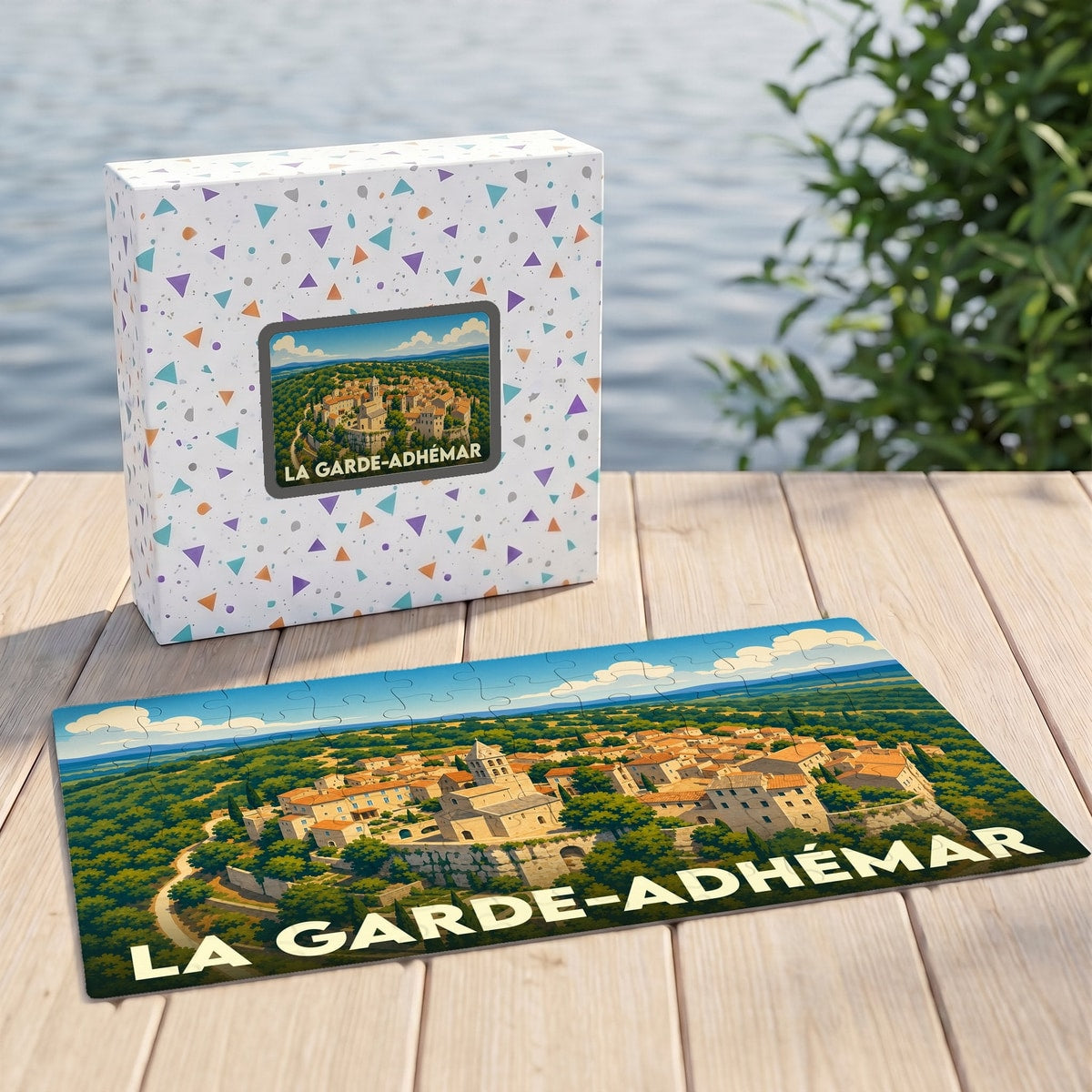 Puzzle souvenir de la ville de La Garde-Adhémar avec une illustration panoramique stylisée.